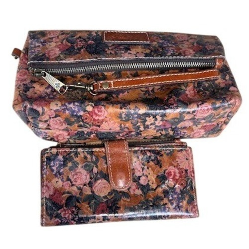 Patricia Nash Floral Leather Wristlet and Matching Trifold Wallet Set Multi